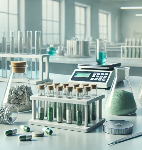 Professionele laboratoriumomgeving met poeders, capsules en pellets – CHEMCAPS research chemicals