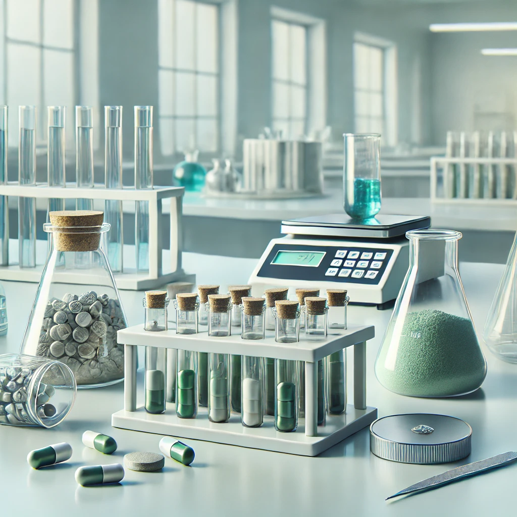Professionele laboratoriumomgeving met poeders, capsules en pellets – CHEMCAPS research chemicals